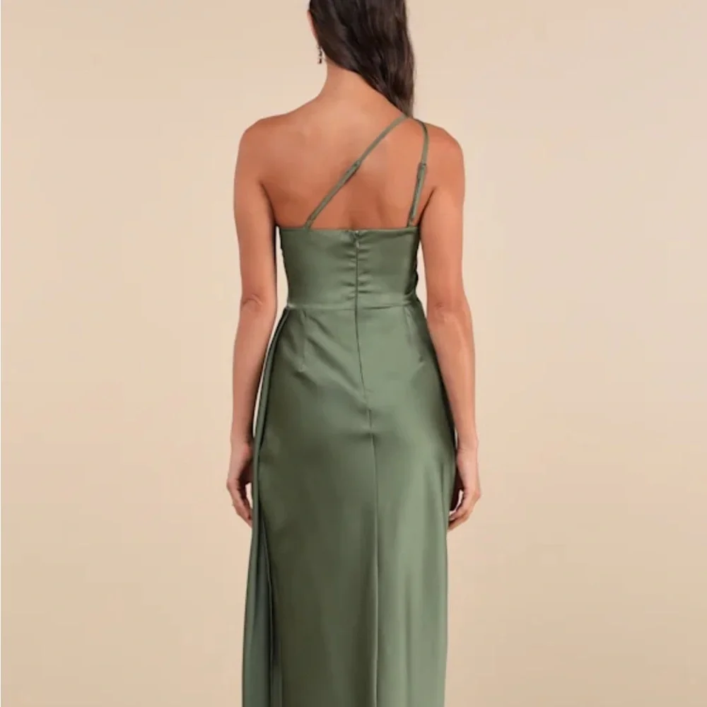 Signature Elegance Olive Green Satin One-Shoulder Maxi Dress - Picture 2 of 4